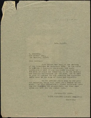 Sacco-Vanzetti Defense Committee typed letter (copy) to Mike Shulman, Boston, Mass., October 4, 1925