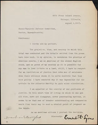 Ernest F. Lyons typed letter signed to Sacco-Vanzetti Defense Committee, Chicago, Ill., August 4, 1927
