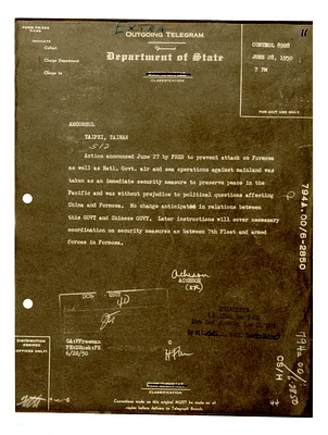 Outgoing Department of State Telegram from Secretary of State Dean Acheson to the United States Embassy, Taiwan