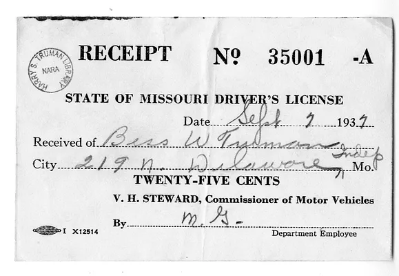 State of Missouri Driver's License Receipt for Bess W. Truman
