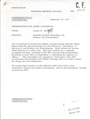 Memorandum from Jeanne W. Davis to James Cavanaugh Regarding Icelandic Protest Regarding Leif Erikson Day Proclamation