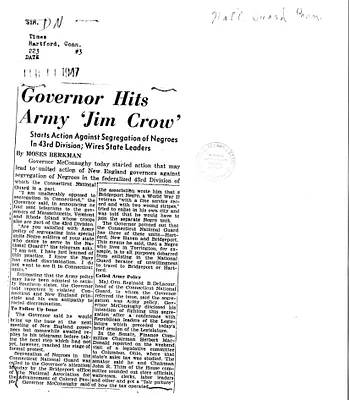 Newspaper Clipping, Hartford, Connecticut Times, "Governor Hits Army 'Jim Crow'"
