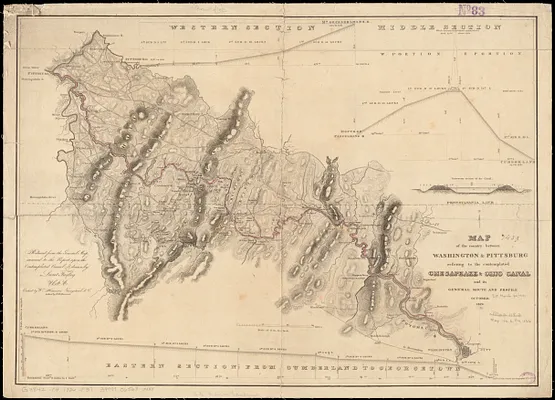 Map of the country between Washington & Pittsburg refering to the contemplated Chesapeake & Ohio Canal and its general route and profile, October 1826