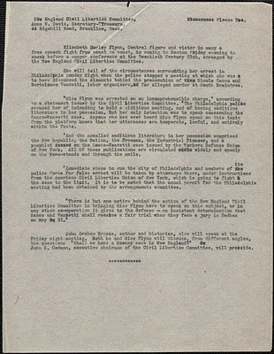 The New England Civil Liberties Committee advertisement, [Brookline, Mass.], March [1921]