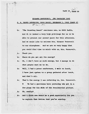 Interview with Eleanor Roosevelt on The Sounding Board on KMOX Radio in St. Louis, Missouri, 1 November 1960