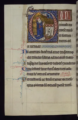 David kneeling in prayer at altar below hand of God