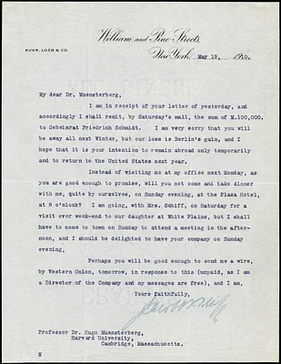 Schiff, Jacob Henry, 1847-1920 typed letter signed to Hugo Münsterberg, New York, 19 May 1910