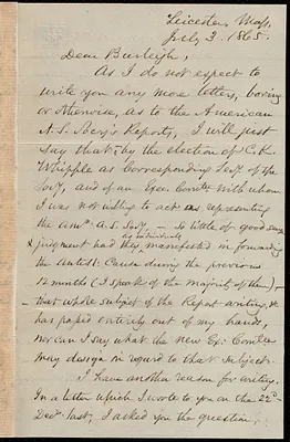 Letter from Samuel May, Leicester, Mass., to Charles Calistus Burleigh, July 3, 1865