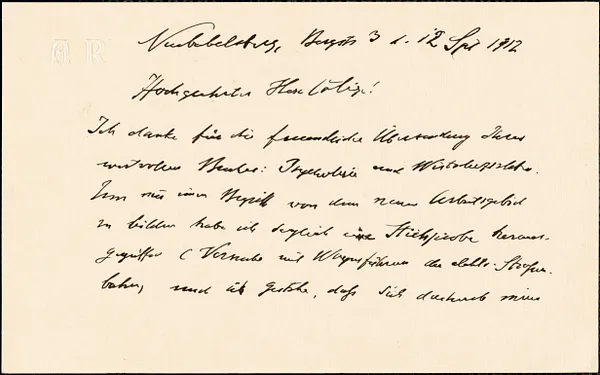 Riehl, Alois, 1844-1924 autograph letter signed to Hugo Münsterberg, Neubabelsberg, 12 September 1912