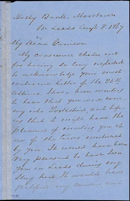 Letter from George Thompson, Holly Bank, Moortown, Leeds, [England], to William Lloyd Garrison, 1867 Aug[ust] 8