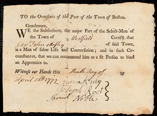 William Fullerton indentured to apprentice with John Mosely of Westfield, 7 January 1772