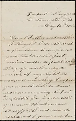 Letter from John Jubb, Gasport Navy Yard, Portsmouth Va., to Thomas and Harriet Jubb, May 16, 1862