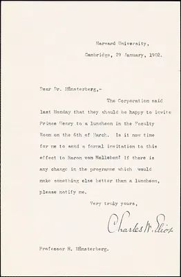 Eliot, Charles William, 1834-1926 typed letter signed to Hugo Münsterberg, Cambridge, Mass., 29 January 1902