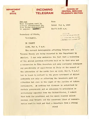 Telegram from Alexander Kirk to Secrertary of State Edward Stettinius