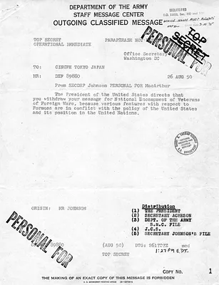 Message from Secretary of Defense Louis Johnson to General Douglas MacArthur