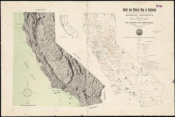 Relief and mineral map of California showing the topography and the approximate locations of all the principal mineral deposits together with statistics of mineral production