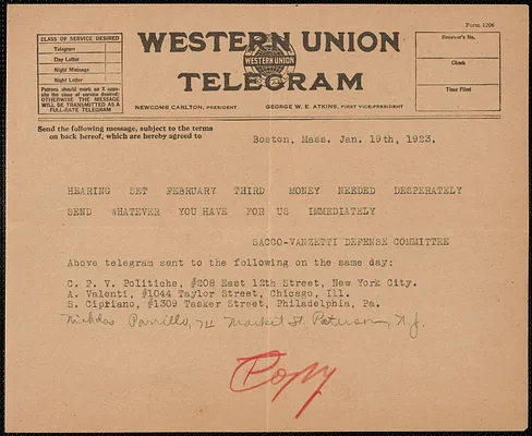 Sacco-Vanzetti Defense Committee telegram (copy), Boston, Mass., January 19, 1923