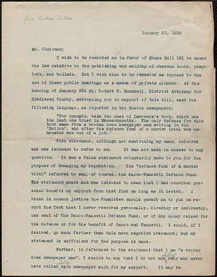 [Gardner Jackson] typed letter (copy) to Mr. Chairman, [Boston, Mass.], January 23, 1930