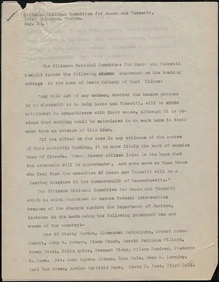 Citizens National Committee for Sacco and Vanzetti press release (copy), Boston, Mass., August 16, [1927]