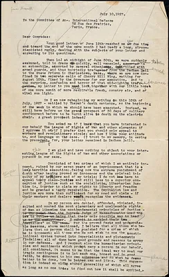 Bartolomeo Vanzetti typed letter (incomplete draft with manuscript corrections) to the Committee of the An[archist?] International Defense in Paris, [Charlestown], 10 July 1927