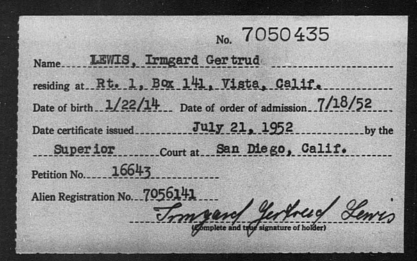 Lewis, Irmgard Gertrud - 1952