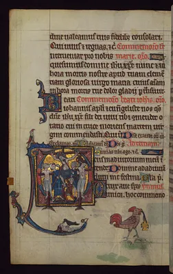 Crucifixion; Chanticleer the Cock swinging a censer, from a marginal cycle of images of the funeral of Renard the Fox
