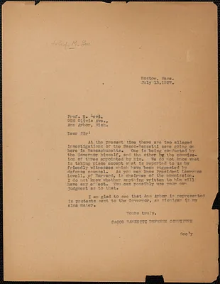 Sacco-Vanzetti Defense Committee typed letter (copy) to M. Levi, Boston, Mass., July 13, 1927