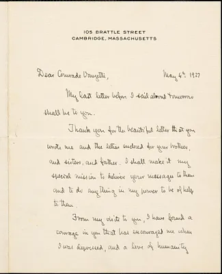 Harry W.L. Dana autographed letter signed to Bartolomeo Vanzetti, Cambridge, Mass., 4 May 1927