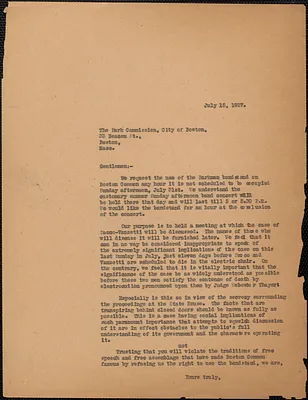 [Gardner Jackson] typed letter (copy) to the Park Commission. City of Boston, [Boston, Mass.], July 15, 1927