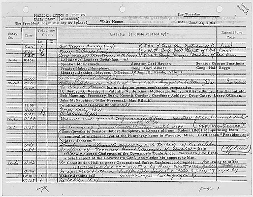 President's Daily Diary Entry, June 23, 1964