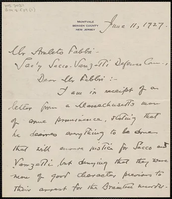 Jeannette S. Davis autograph letter signed to Amleto Fabbri, Bergen County, N.J., June 11, 1927