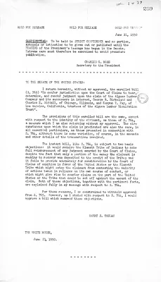 Press Release, Veto Message from President Harry S. Truman to the United States Senate