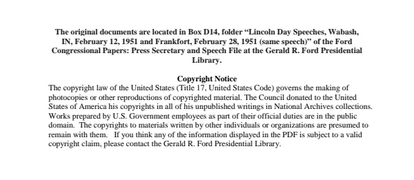 Lincoln Day Speeches, Wabash, IN, February 12, 1951 and Frankfort, February 28, 1951 (same speech)