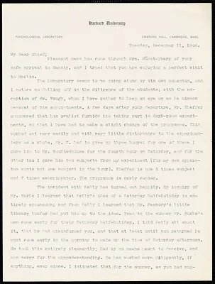Holt, Edwin B. (Edwin Bissell), 1873-1946 autograph letter signed to Hugo Münsterberg, Cambridge, Mass., 11 December 1906