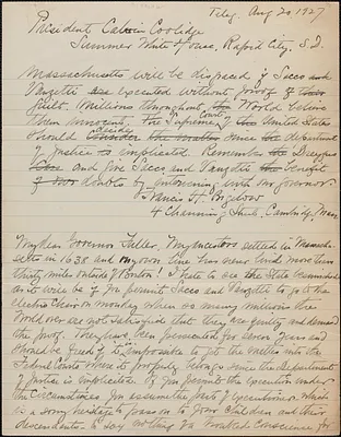 Francis H. Bigelow autograph telegram (copy) to Calvin Coolidge, Cambridge, Mass., August 20, 1927