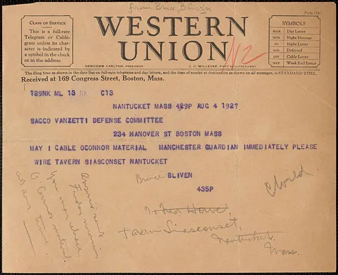 Bruce Bliven telegram to Sacco-Vanzetti Defense Committee, Nantucket, Mass., August 4, 1927