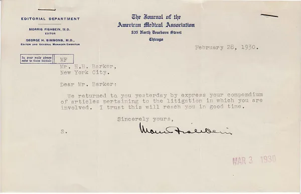Letters Received to H.H. Barker, February 28, 1930