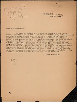 Gardner Jackson typed note (copy) to Miss Ramsdell, Boston, Mass., [Dec. 1928?]