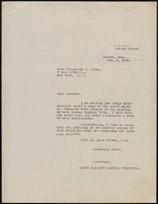 Amleto Fabbri (Sacco-Vanzetti Defense Committee) typed letter (circular) to Elizabeth Gurley Flynn, Boston, Mass., January 8, 1926