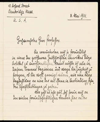 Jacoby, Günther, 1881-1969 autograph letter signed to Hugo Münsterberg, Cambridge, Mass., 8 May 1911