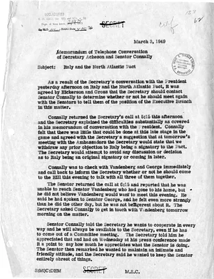 Memorandum of Telephone Conversation with Secretary of State Dean Acheson and Senator Tom Connally