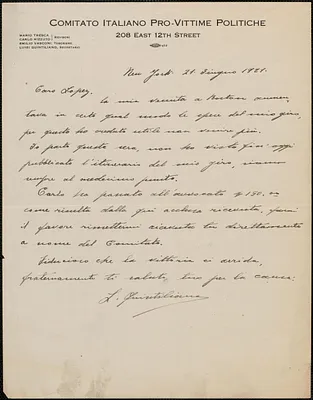 Luigi Quintiliano (Comitato Italiano pro Vittime Politiche) autograph letter signed, in Italian, to Frank Lopez, New York, N.Y., June 21, 1921