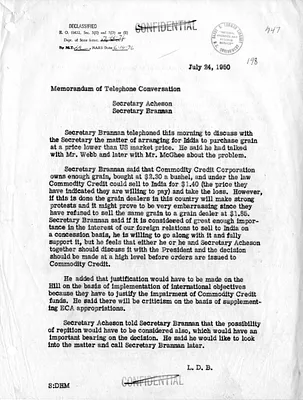 Memorandum of Telephone Conversation with Secretary of State Dean Acheson and Secretary of Agriculture Charles Brannan