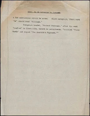 [Thomas O'Connor?] typed note, [Boston, Mass., August 1927]: Memo in re telegram to Sargent