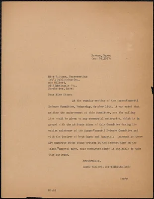 Mary Donovan (Sacco-Vanzetti Defense Committee) typed note (copy) to E. Stone, Boston, Mass., October 24, 1927