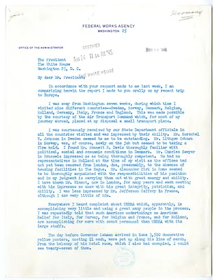 Memorandum from Major General Philip B. Fleming to President Harry S. Truman