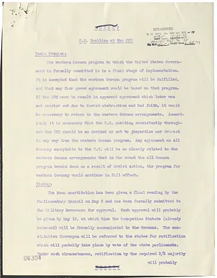 Memorandum, United States Position at the Council of Foreign Ministers