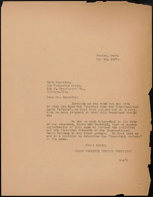 Sacco-Vanzetti Defense Committee typed letter (copy) to Carl Hesseler (The Federated Press), Boston, Mass., May 26, 1927