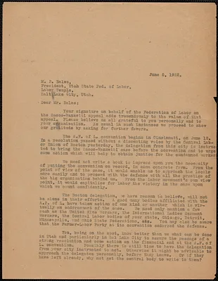 Sacco-Vanzetti Defense Committee typed letter (copy) to M. P. Bales (Utah State Federation of Labor), Boston, Mass, June 5, 1922