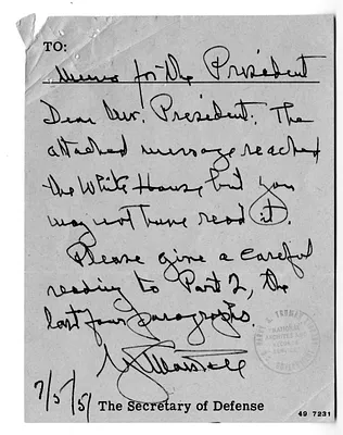 Note from Secretary of Defense General George C. Marshall to President Harry S. Truman, with Attached Message from General Matthew Ridgway